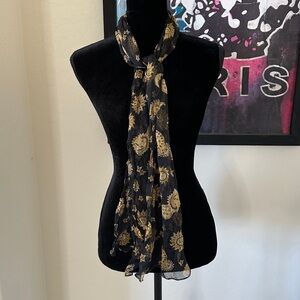 Vintage Black and Gold Sheer Scarf Celestial Pattern Sun, Moon And Star Design